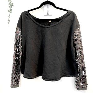 FREE PEOPLE Black Crop Top with Sequin Sleeves. Size S Oversize